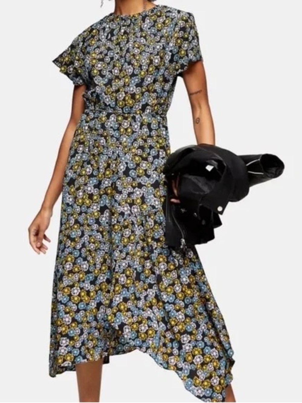Topshop Cottage Core Sunflower Floral Asymmetrical Ruffle Maxi Dress Navy 14